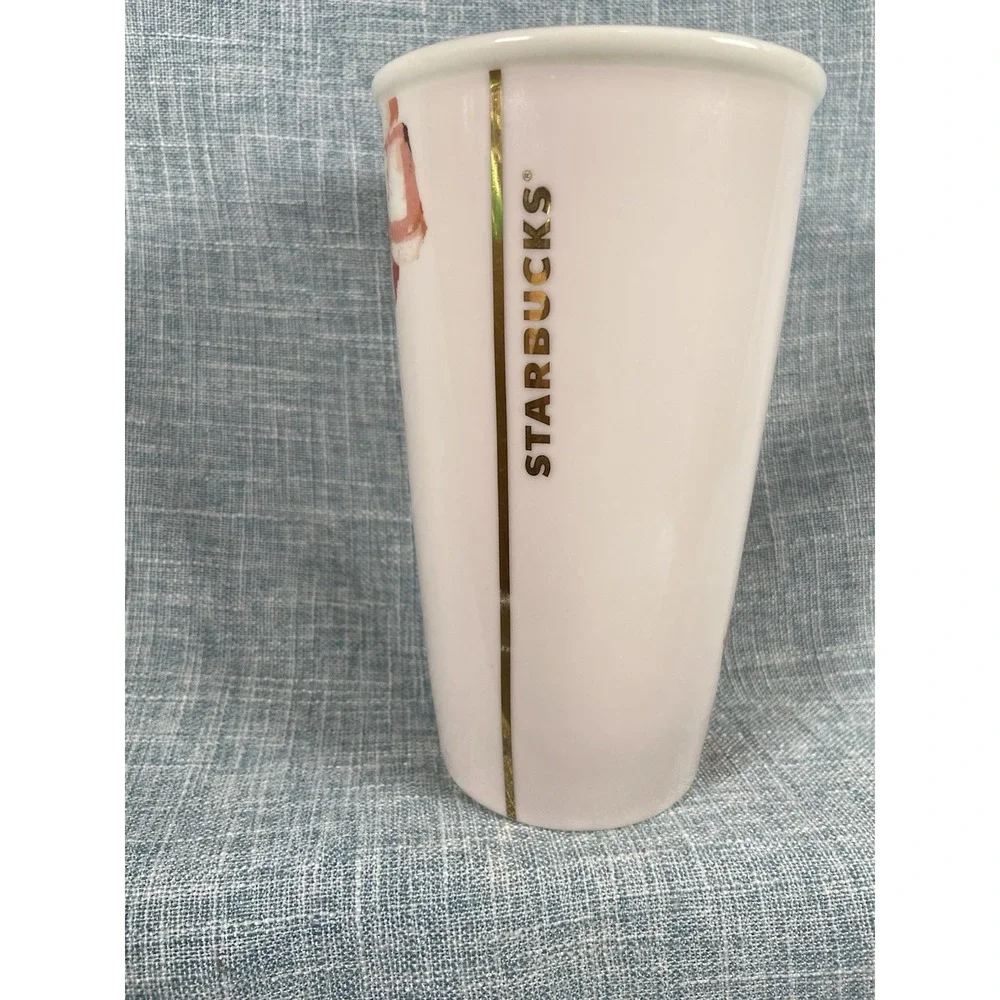 Starbucks 2015 Ceramic Travel Mug Tumbler Floral Poppy 10 oz. Black Plastic Lid